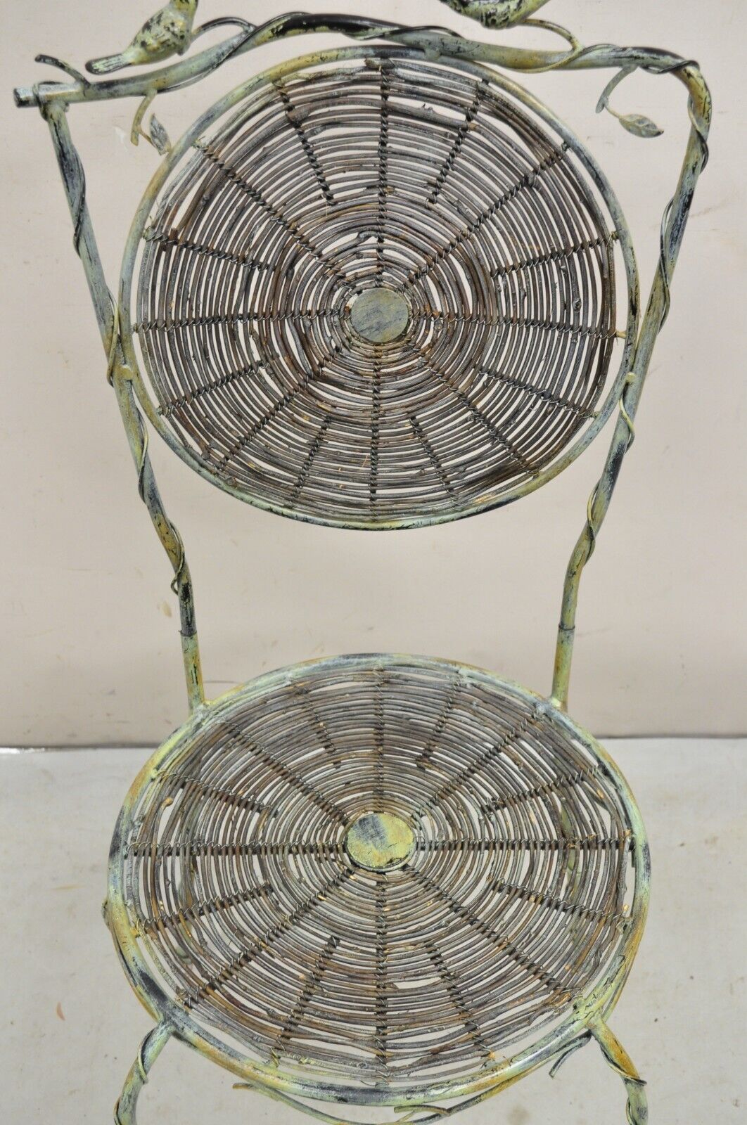 French Country Style Iron and Wood Reed Green Bistro Side Chair with Birds