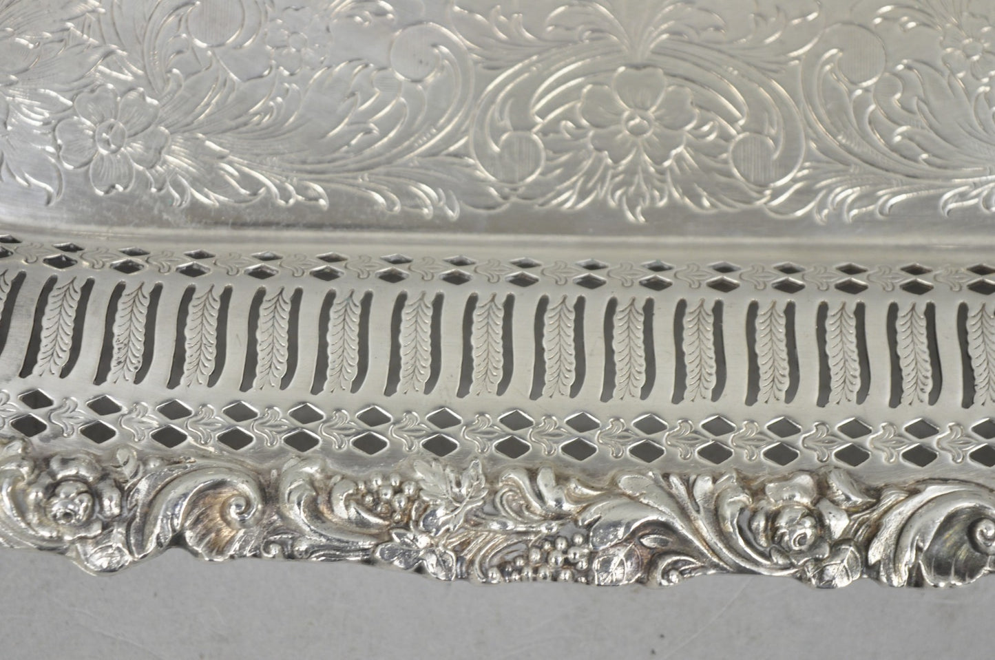 Vintage International Silver Victorian Repousse Pierced Gallery Square Bar Tray