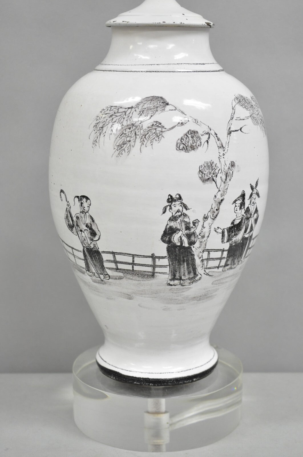 Vintage Chinoiserie White Ceramic Jardiniere Vase Oriental Table Lamp on Lucite