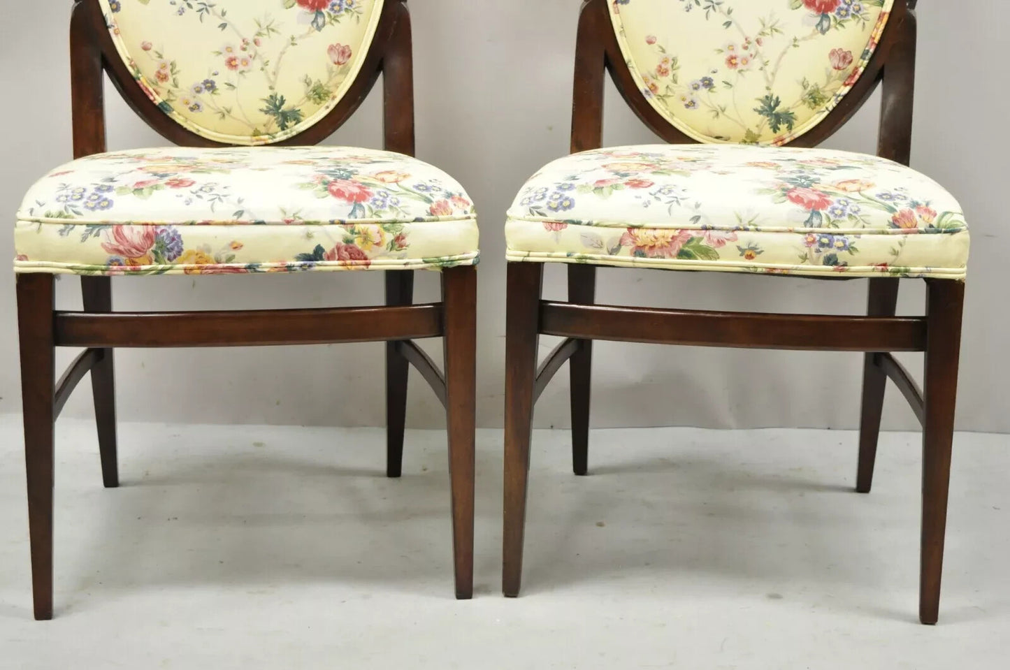 French Art Deco Oval Upholstered Back Mahogany Wood Frame Dining Chairs - a Pair