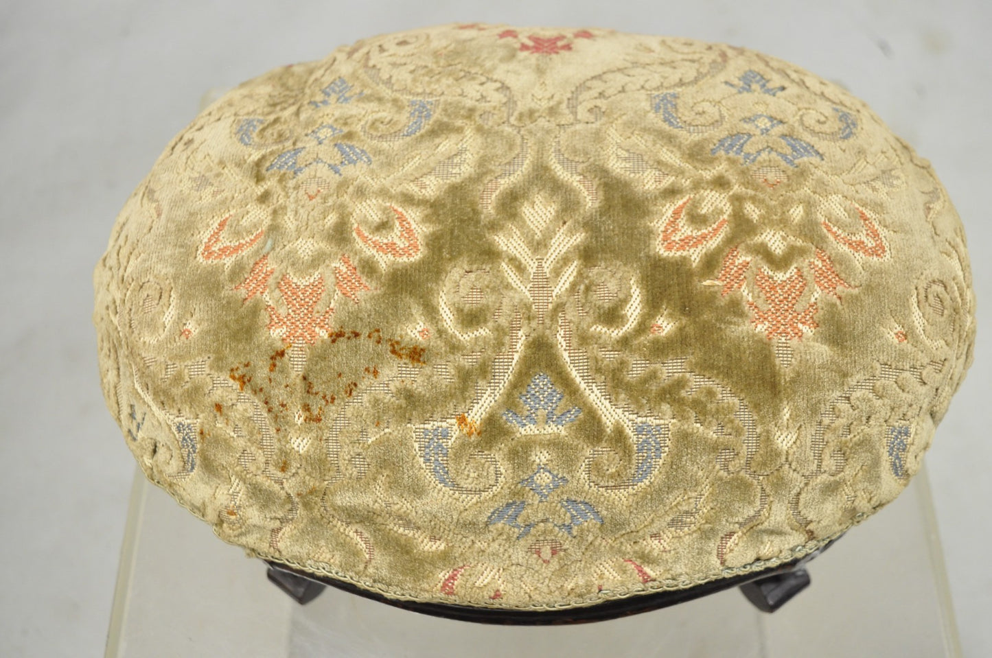 Antique French Country Provincial Oval Carved Walnut Petite Footstool Ottoman