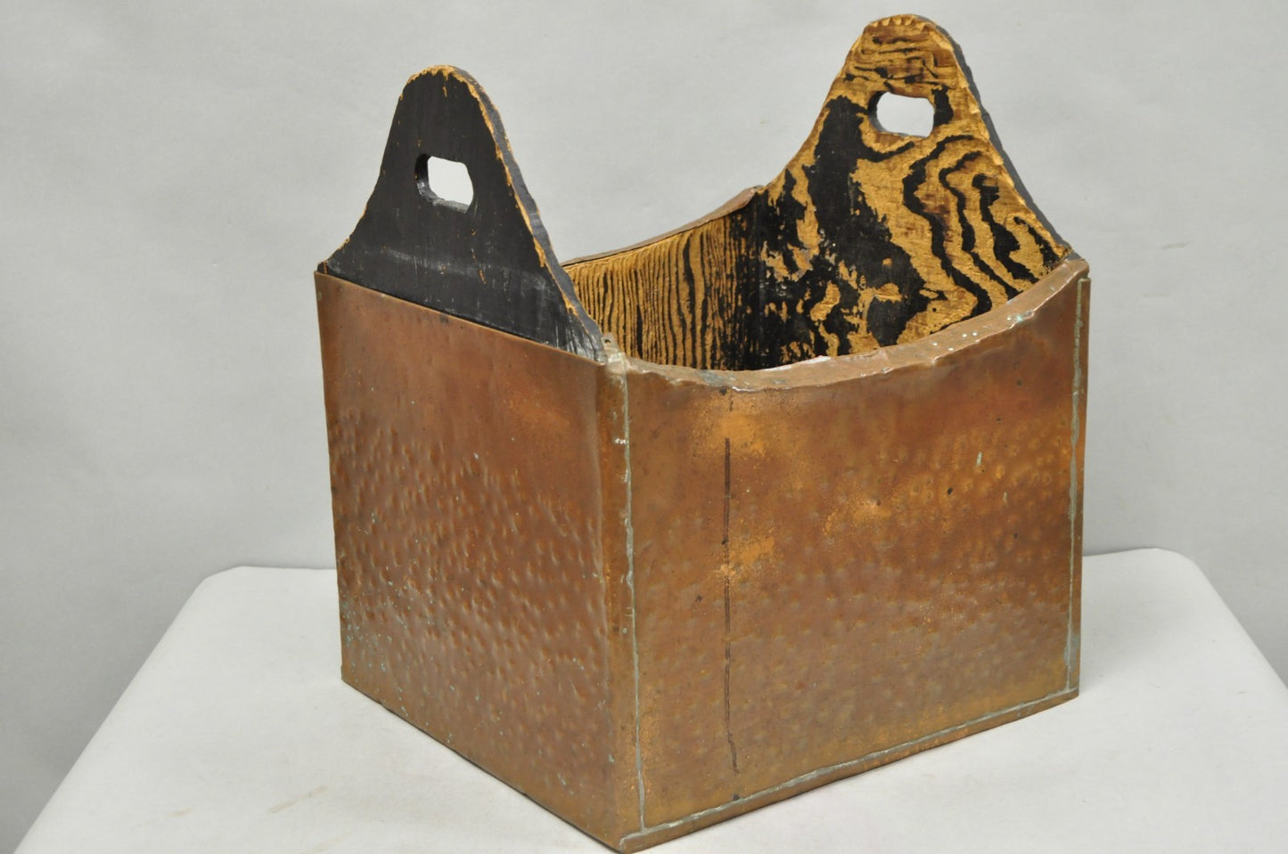 Antique French Country Primitive Copper & Wood Black Grain Painted Grain Bin