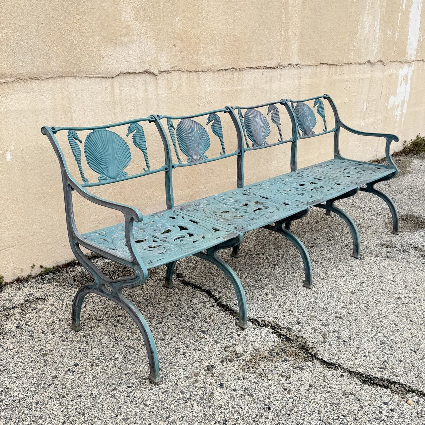 Molla Cast Aluminum Seahorse and Seashell "Breakers" 4 Seat Outdoor Patio Bench