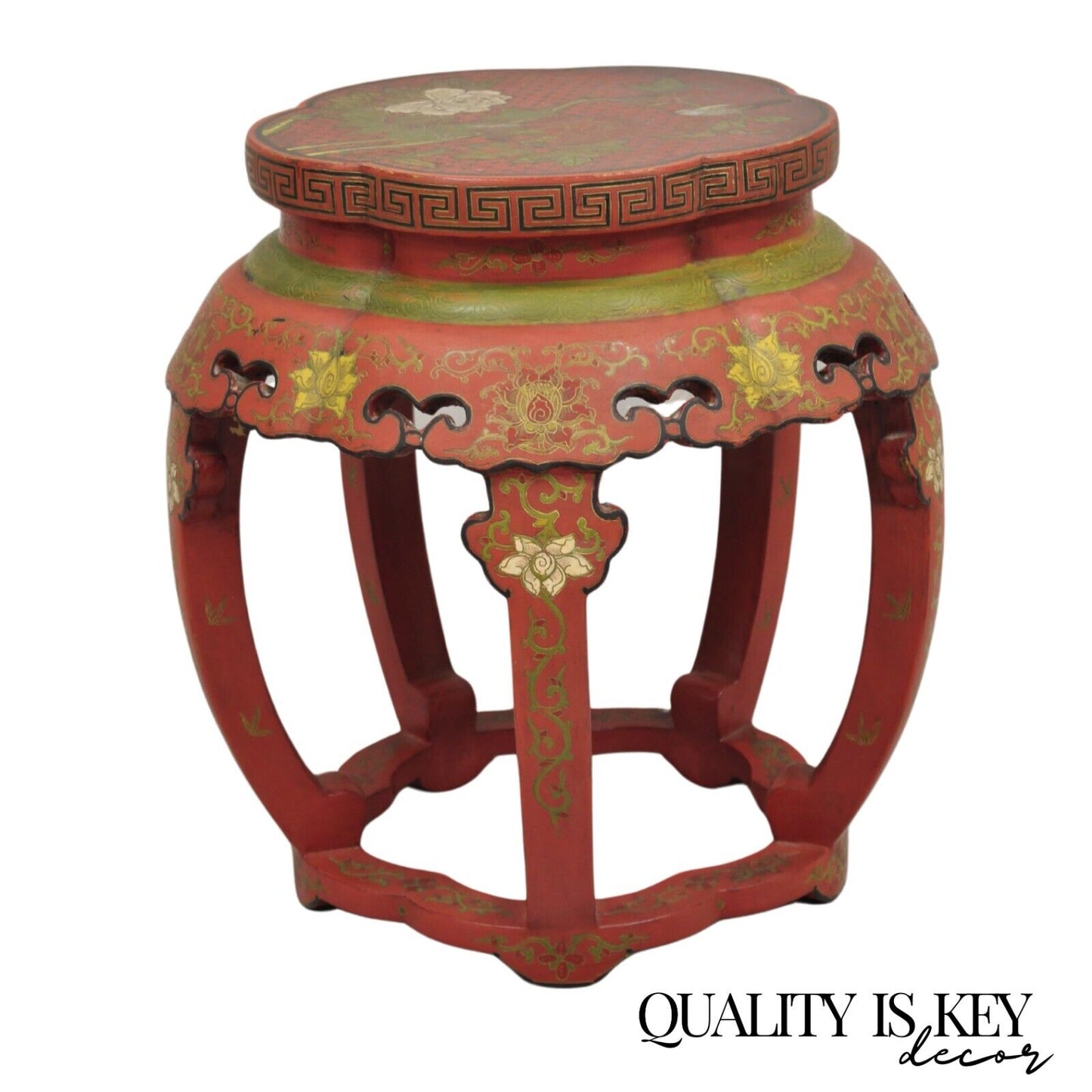 Vintage Chinoiserie Red Lacquer Chinese Drum Stool w Hand Painted Bird & Flowers
