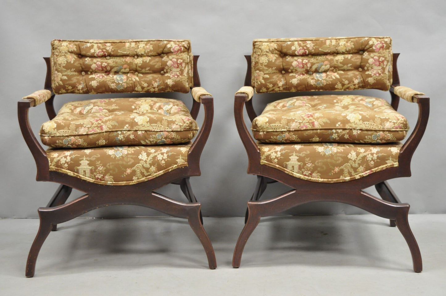 Vintage Hollywood Regency Curule Wooden X-Frame Lounge Arm Chairs - a Pair