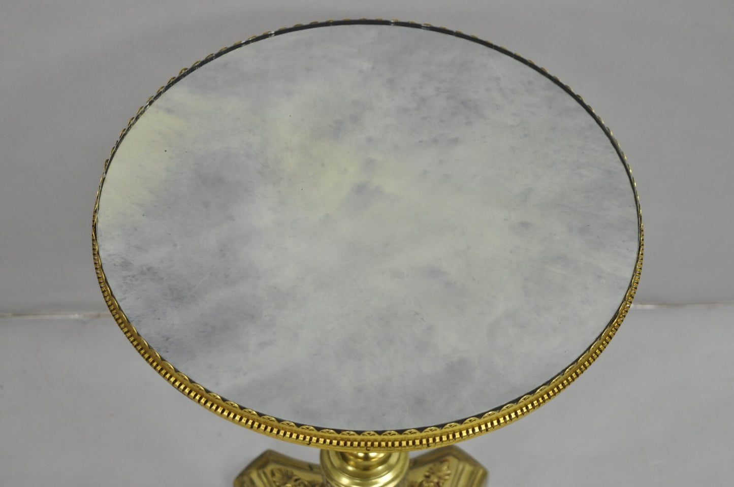 Antique French Victorian Solid Brass Round Glass Top Small Pedestal Side Table