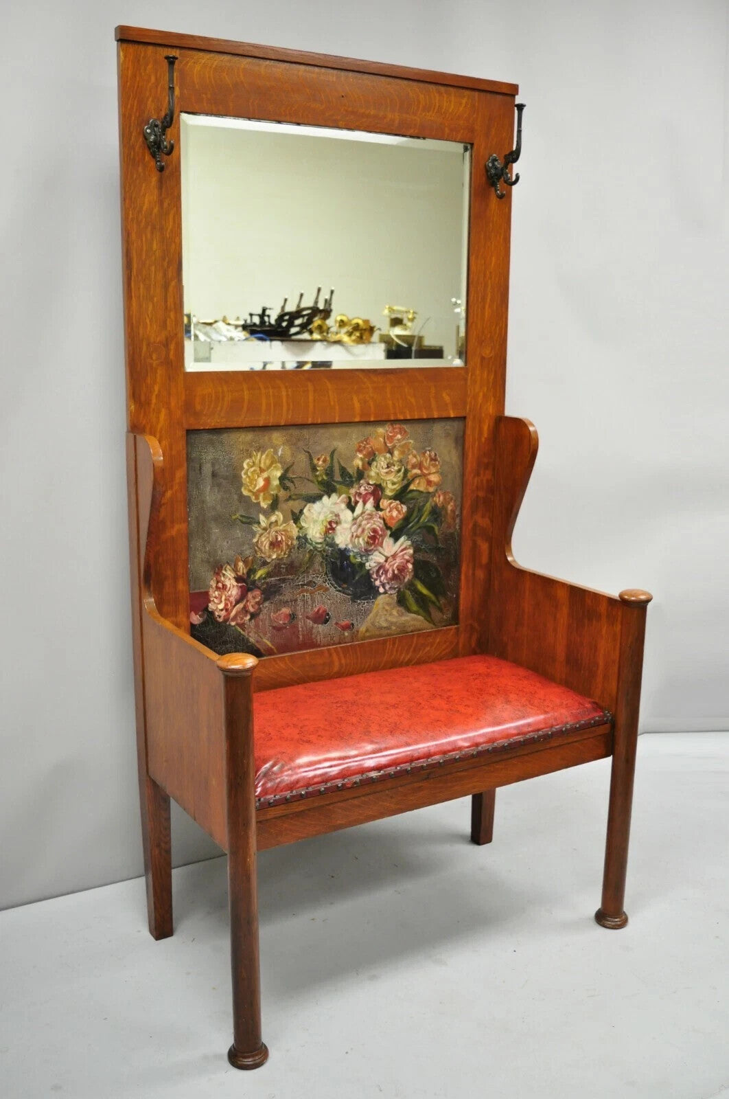 Antique Arts & Crafts Mission Oak Hand Painted Hall Bench Coat Rack w/ Mirror