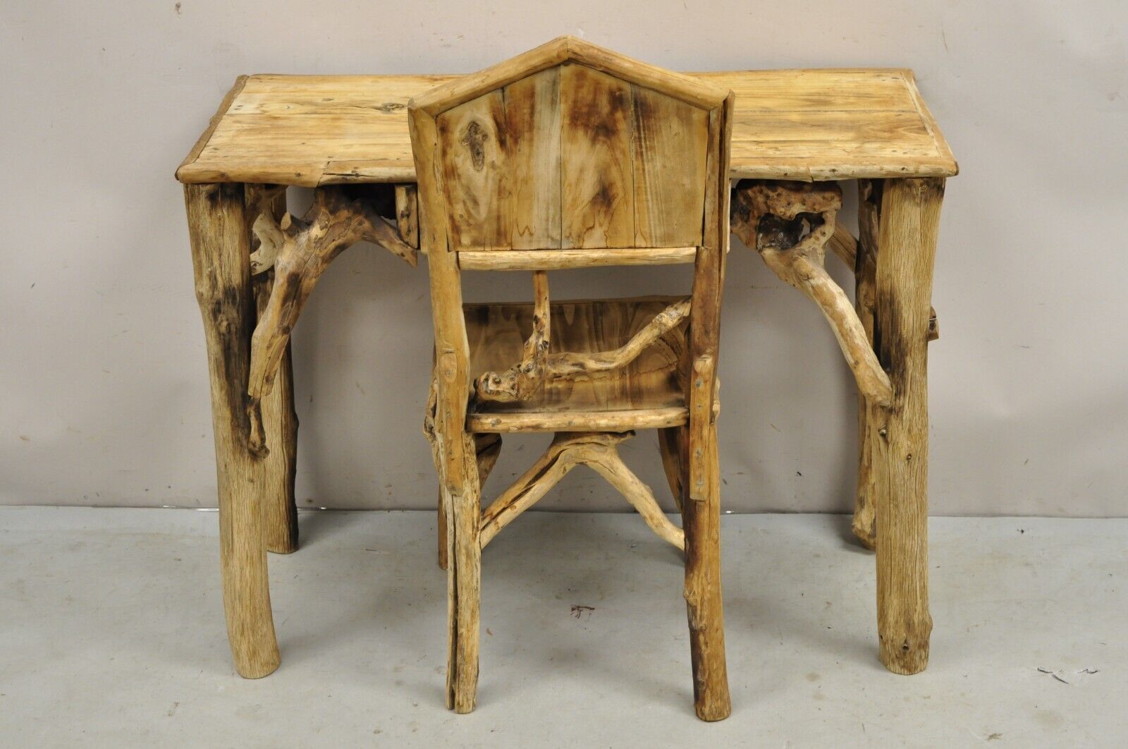 Vintage Rustic Modern Driftwood Branch Small Wooden Desk and Chair with Drawer