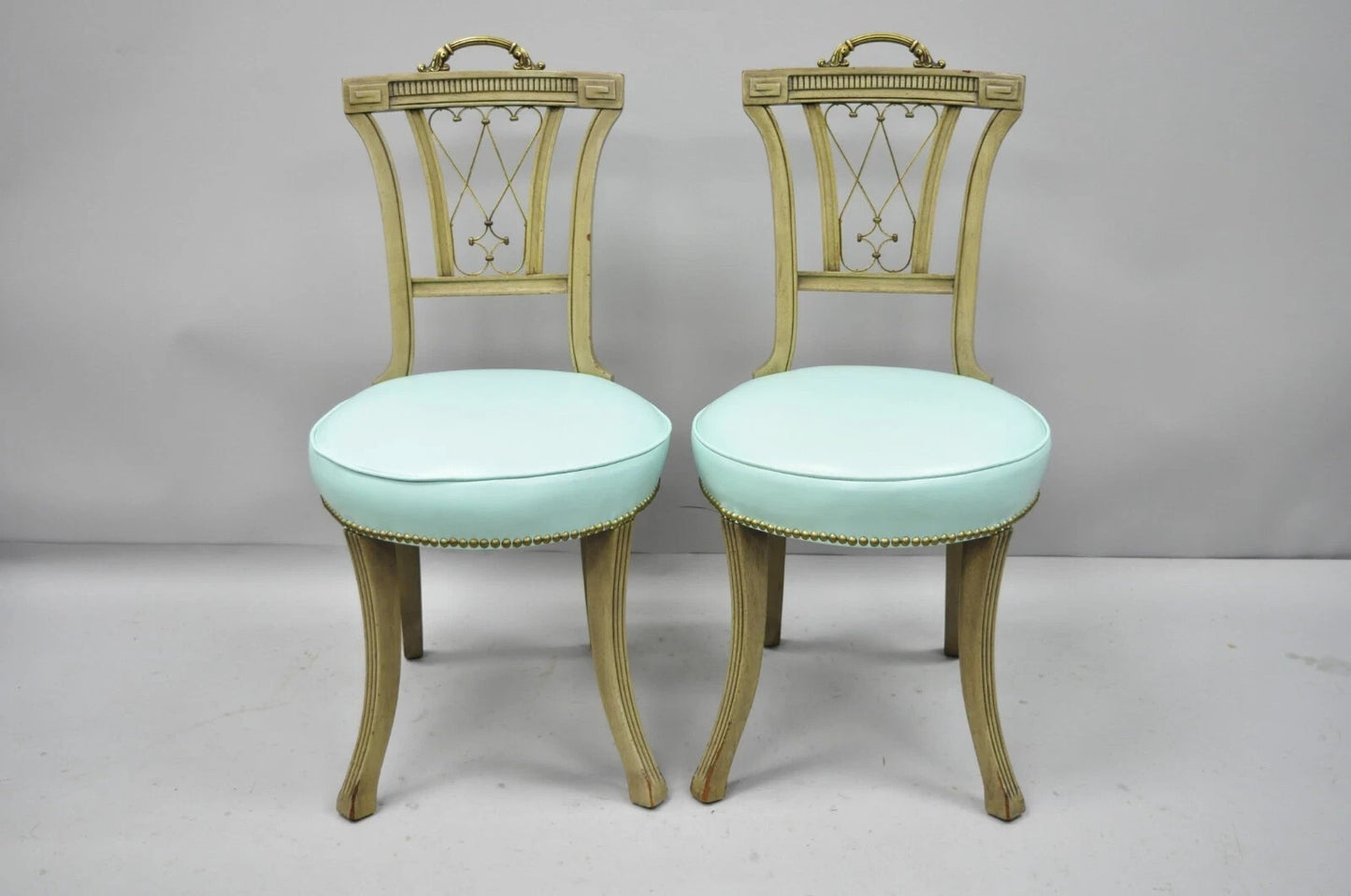 Vintage French Regency Style Mahogany Side Chairs w/ Brass Handles - a Pair
