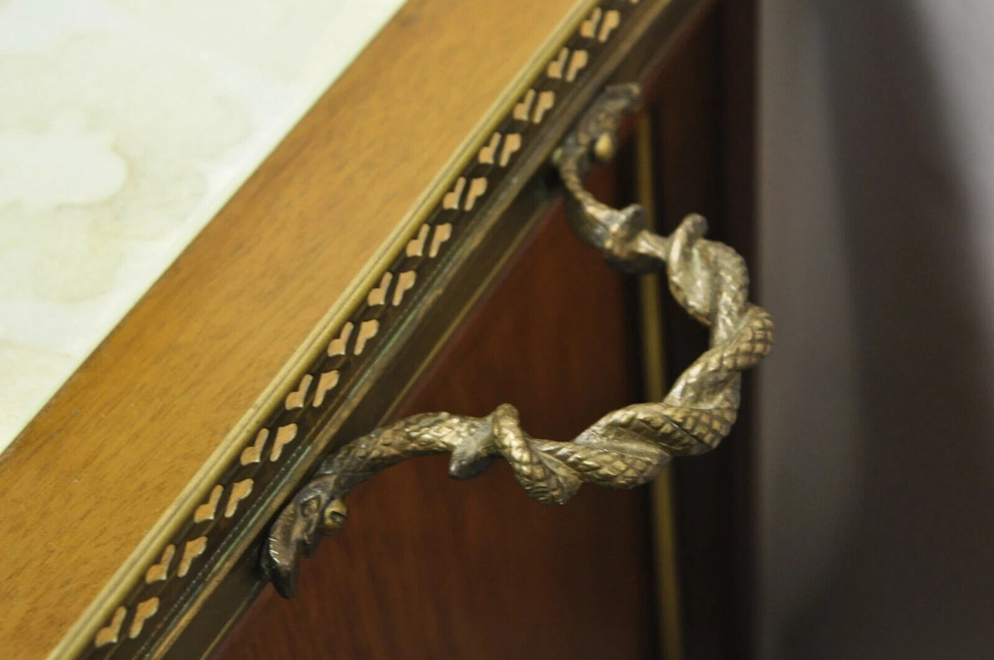 French Neoclassical Regency Mahogany & Bronze Bar Server Cabinet Tables - Pair