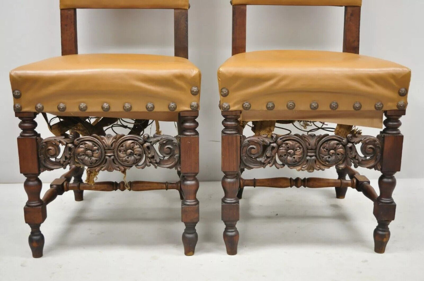 Antique 19th C. Italian Renaissance Carved Walnut High Back Side Chairs - a Pair