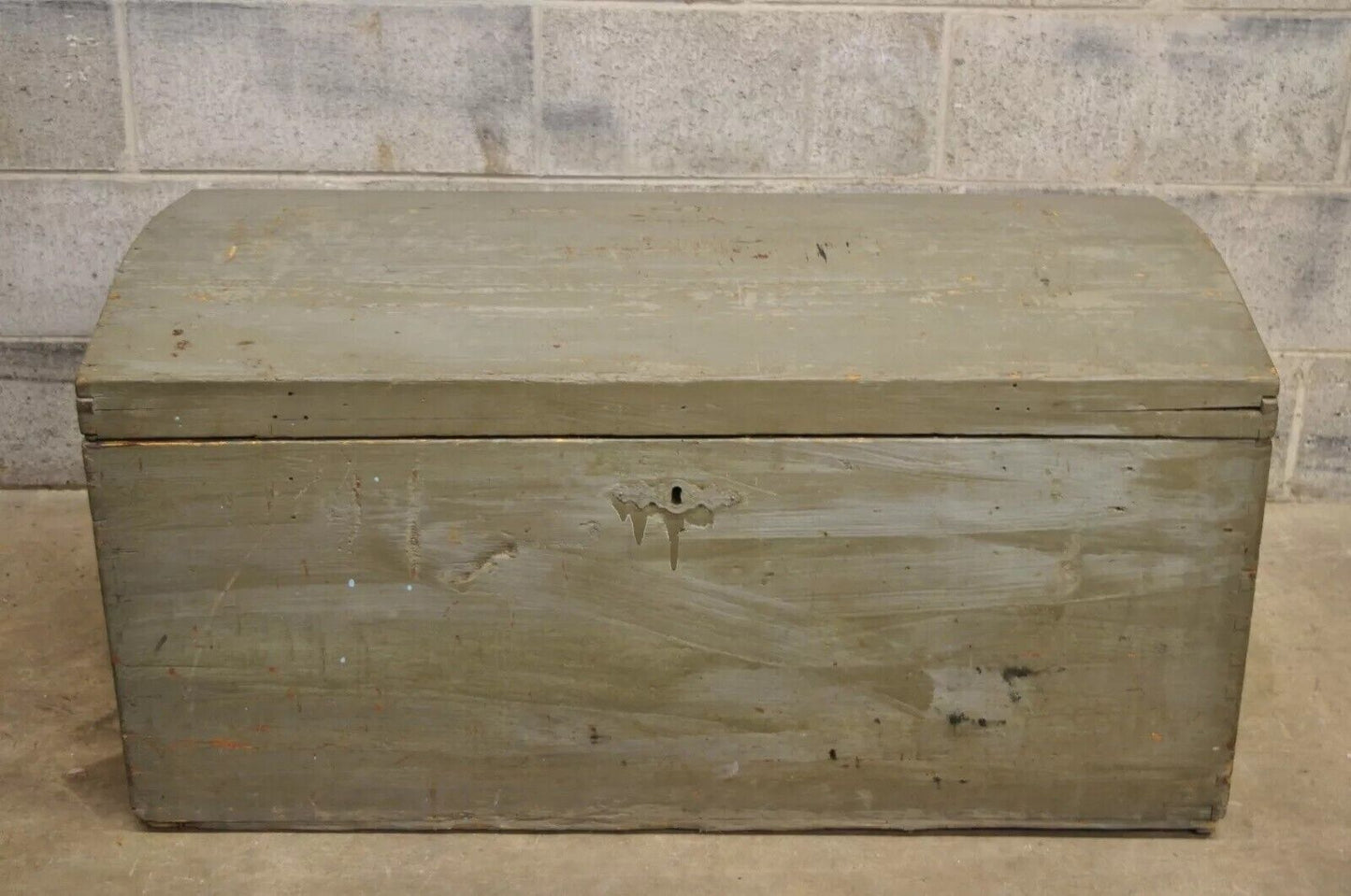 19th C. Antique Primitive Dome Top Gray Painted Dovetailed Blanket Chest Trunk