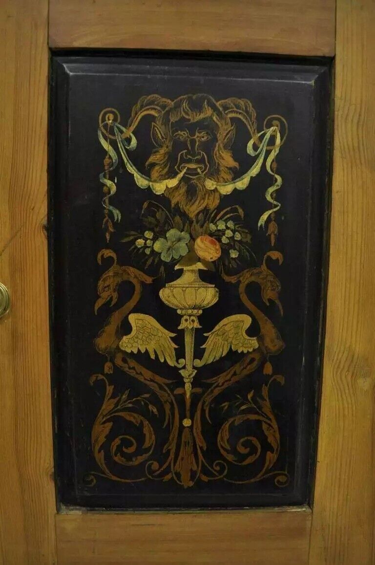 Antique Country French Neoclassical Putti Painted Pine Cupboard Cabinet Hutch