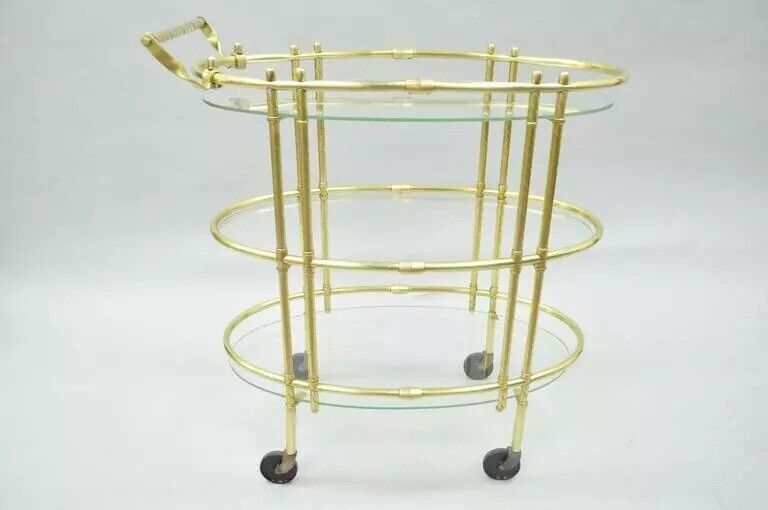 Mid Century Italian Modern Polished Brass & Glass Three Tier Oval Bar Tea Cart