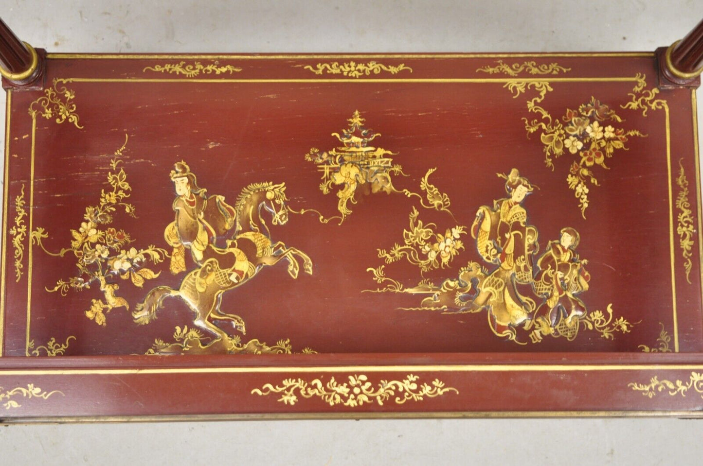 Chinoiserie Red Lacquer Gilt Painted Oriental Asian Glass Top Coffee Table