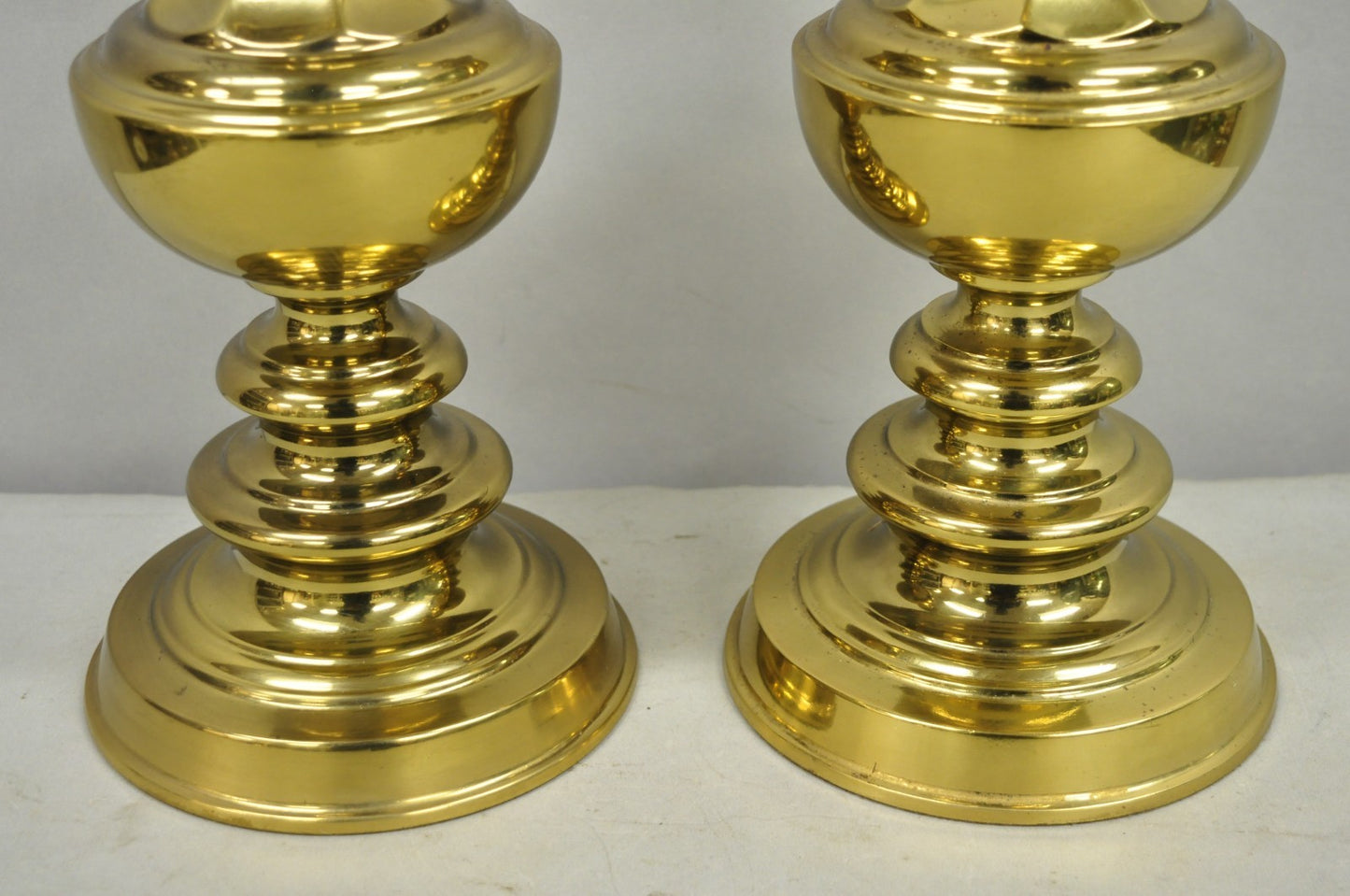 Vintage Hollywood Regency Brass Column Stiffel Style Gold Table Lamps - a Pair