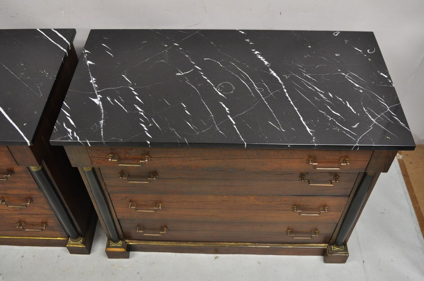 French Empire Neoclassical Style Marble Top Cherry Wood Commode Chest - a Pair