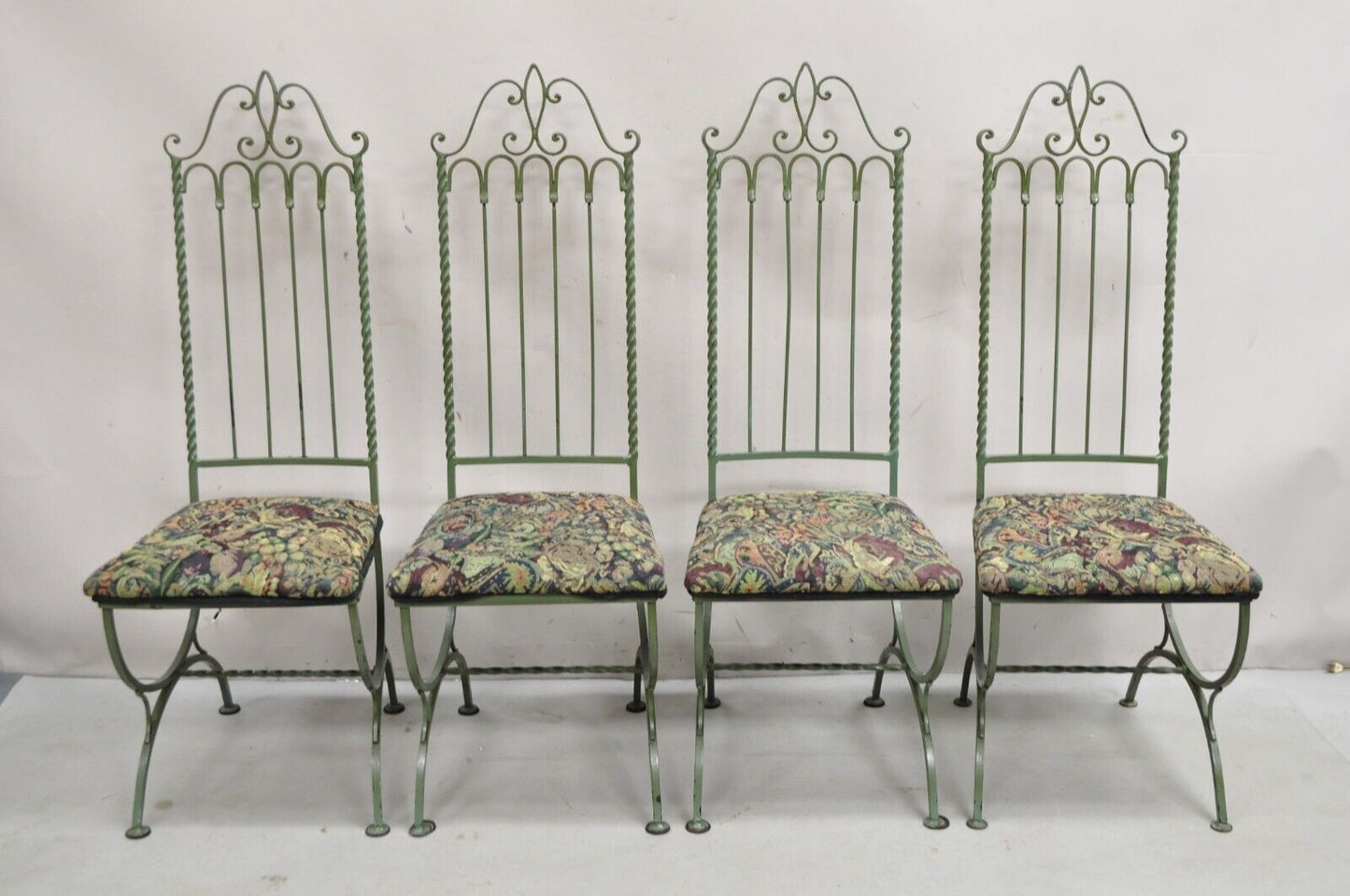 Vintage Gothic Hollywood Regency Style Green Wrought Iron Dining Chairs Set of 4