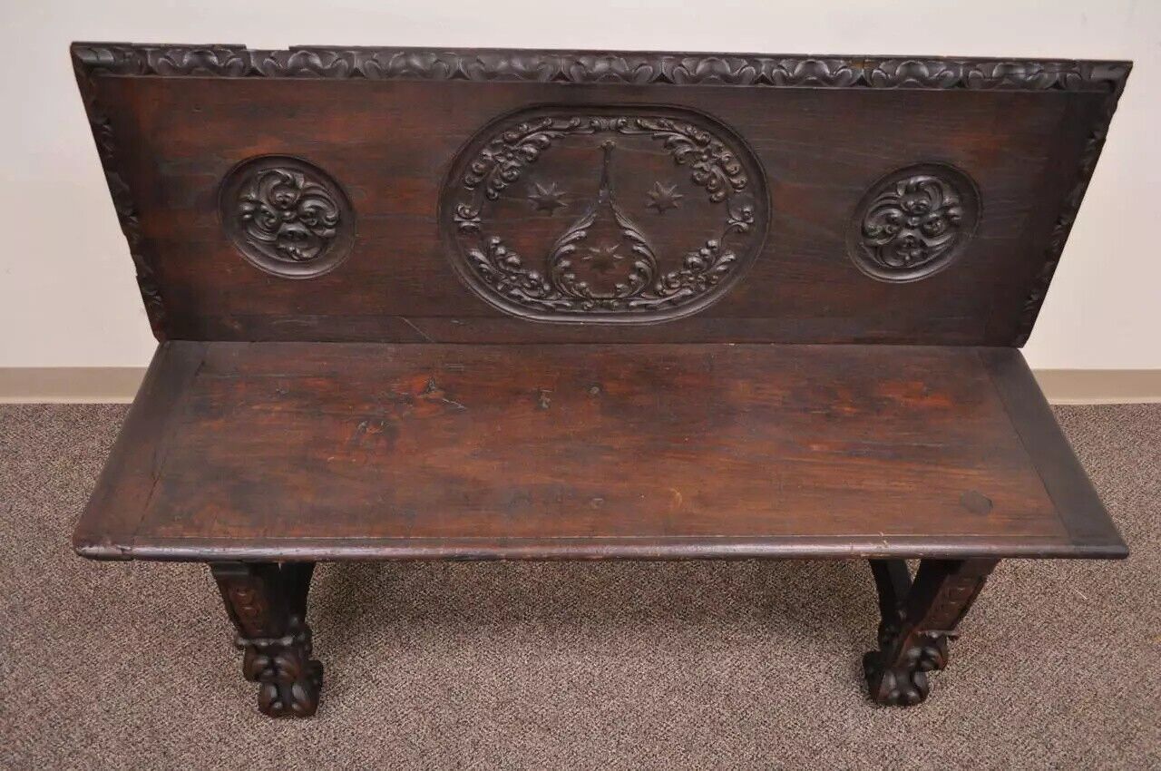 Antique 17th C. English Renaissance Carved Oak and Wrought Iron Bench Banquette