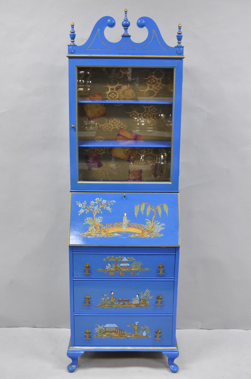 Vintage Chinoiserie Blue Hand Painted Gold Gilt Narrow Bookcase Secretary Desk