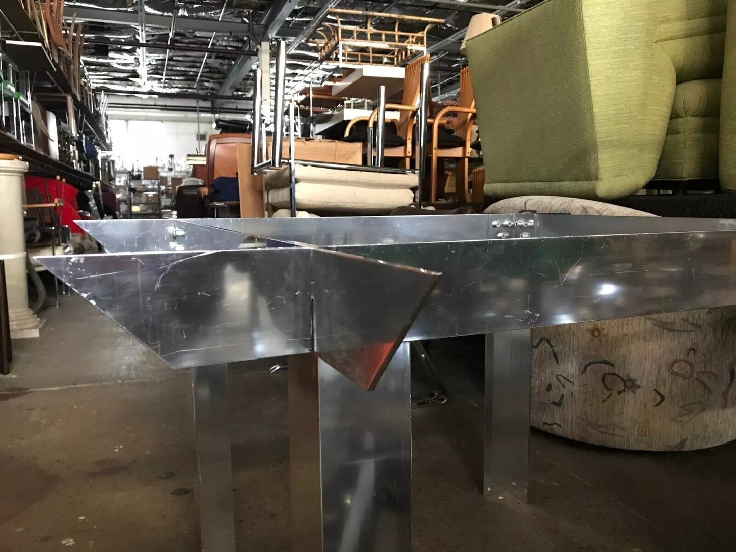 Mid Century Modern "Ginsu Knife" Aluminum Metal Square Glass Dining Table