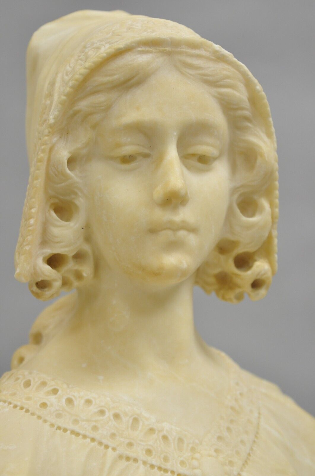 Antique Victorian Carved Alabaster Marble Figural Young Woman Maiden Bust Statue