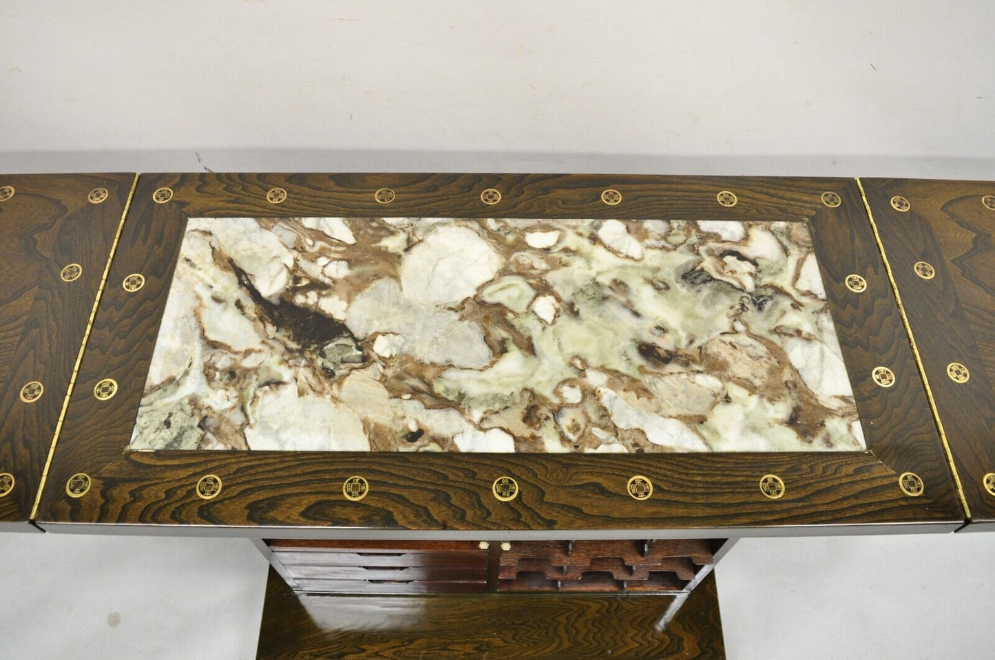 Vintage Korean Carved Wood Marble Top Asian Chinese Liquor Cabinet Dry Bar