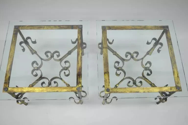 Vintage Spanish Hollywood Regency Gold Gilt Iron Square Glass End Tables - Pair