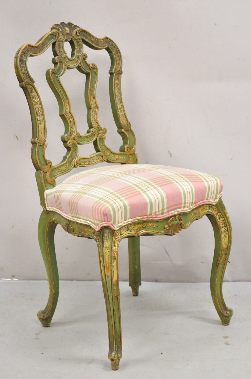 Antique Italian Venetian Green Floral Hand Painted Dining Side Chairs - Set of 4