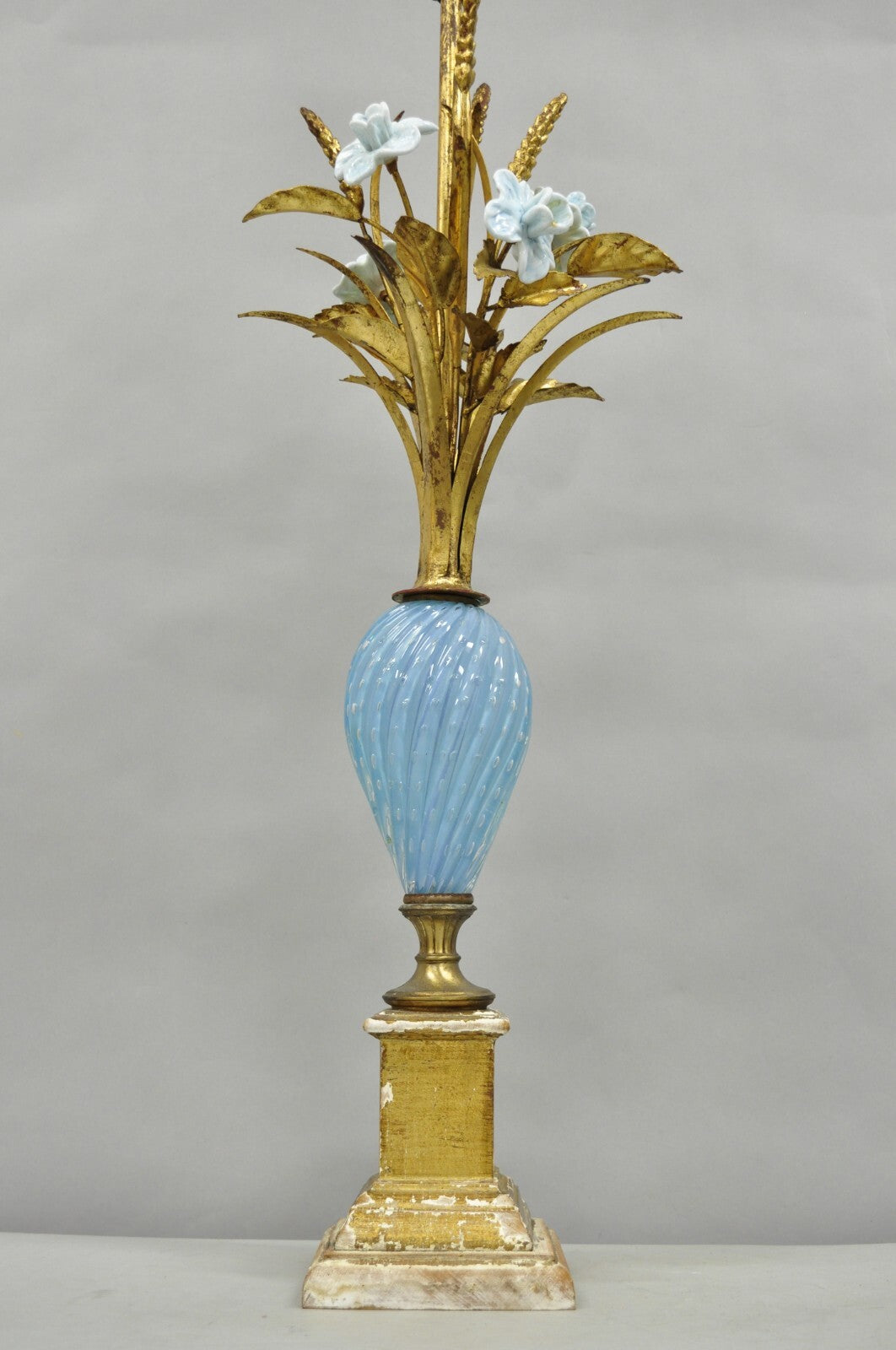 Italian Hollywood Regency Blue Murano Glass Gold Leaf Wheat Sheaf Table Lamp