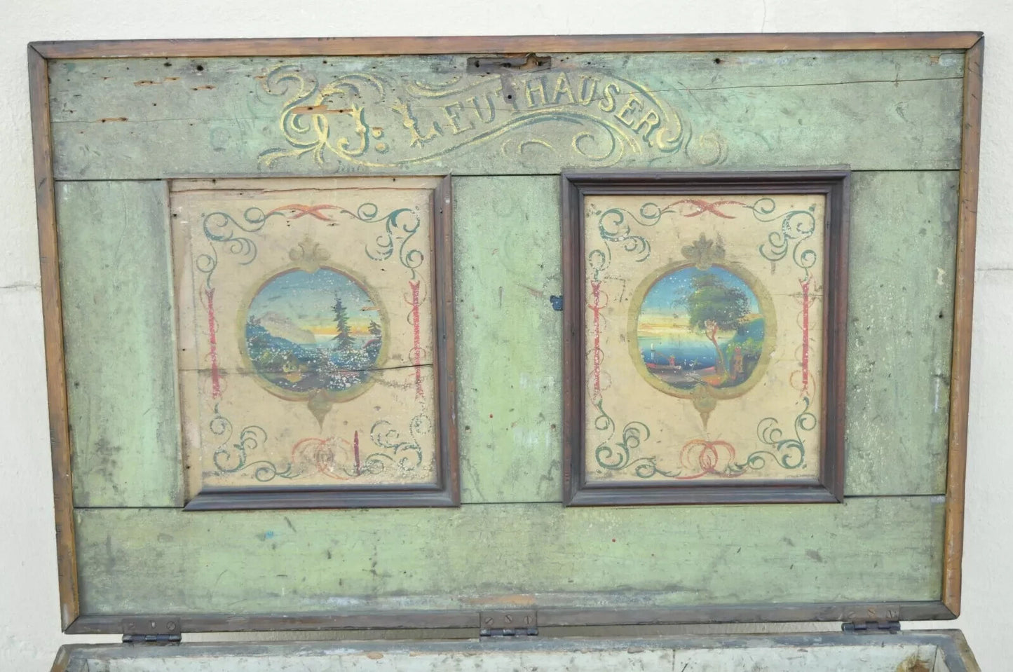 Antique 19th C French Hand Painted Distressed Wood Blanket Chest Dovetail Trunk
