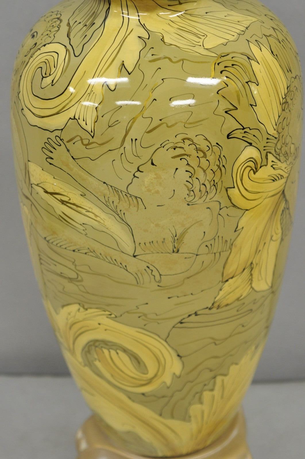 Contemporary Art Nouveau Revival Yellow Glass Jardiniere Table Lamp w/ Figures