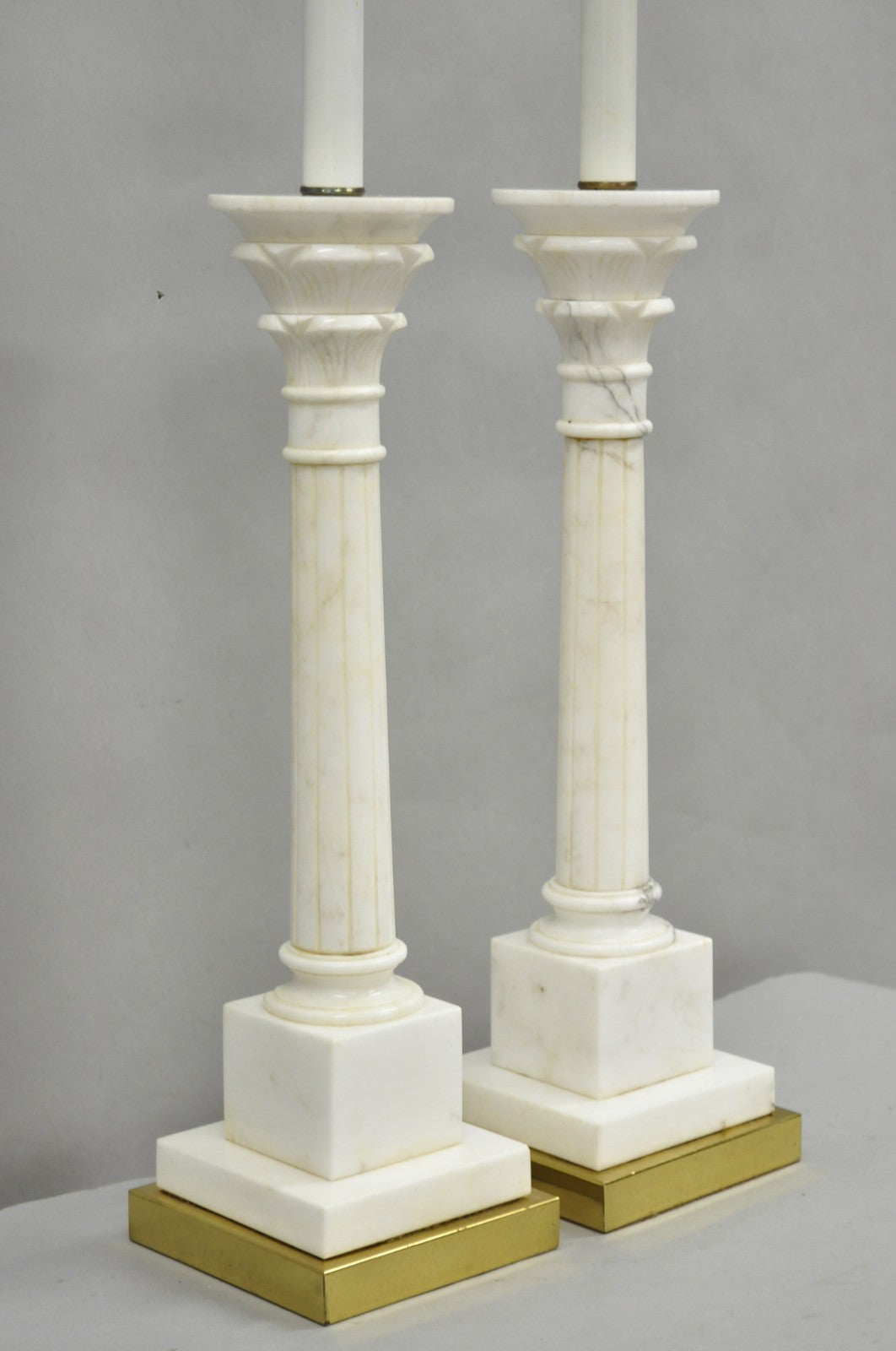 Vintage Italian Neoclassical White Carved Marble Empire Column Table Lamp Pair