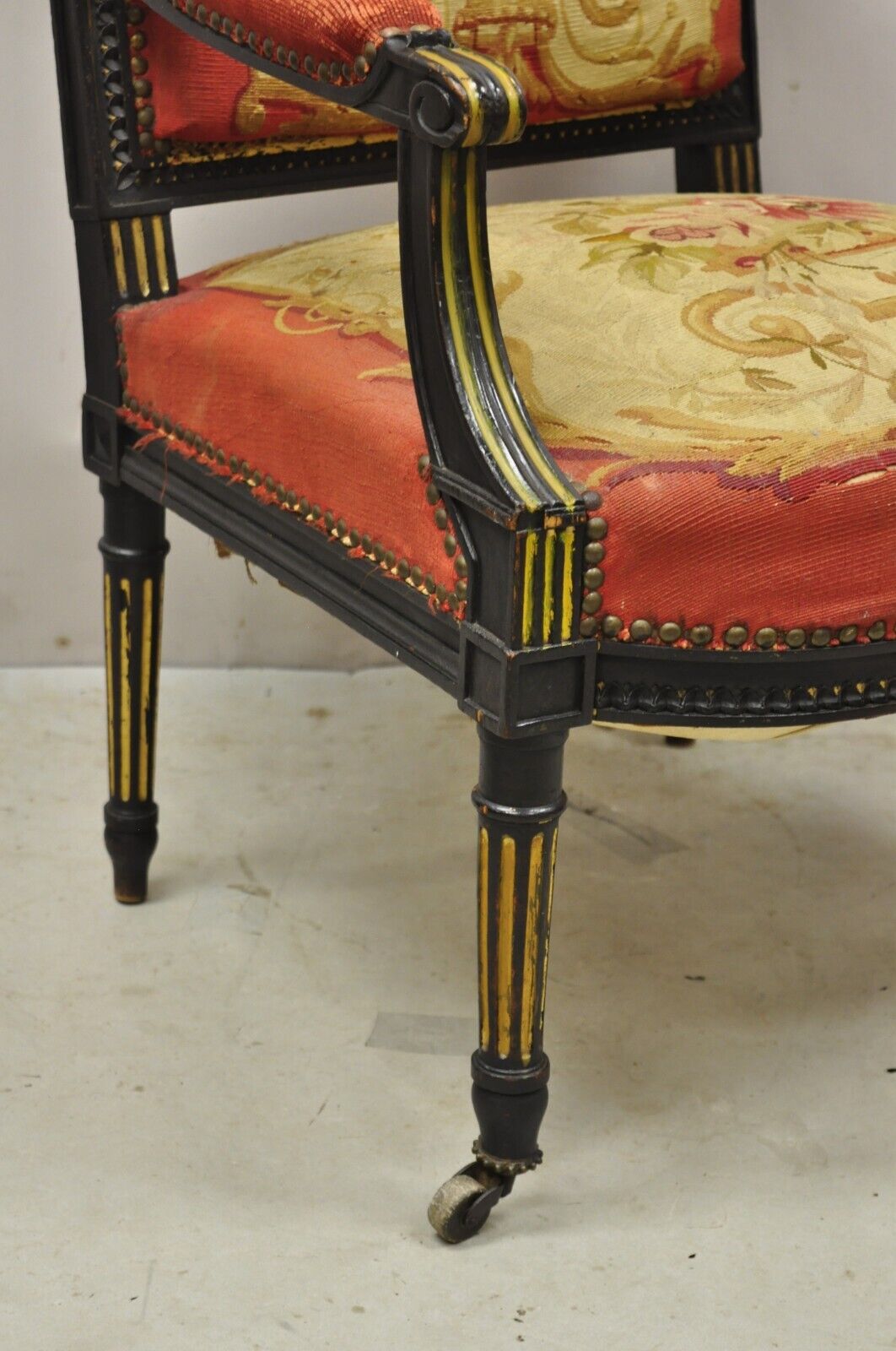 Antique French Empire Black Ebonized Walnut Needlepoint Parlor Arm Chair