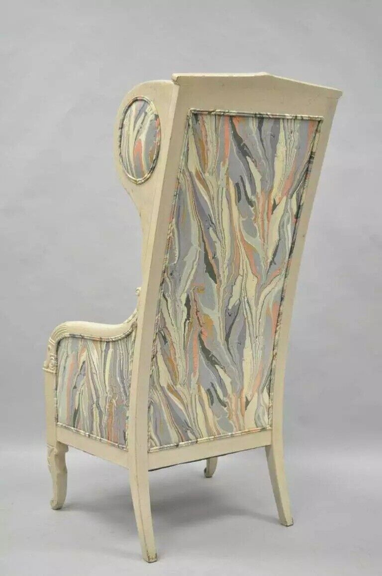 Vintage French Empire Neoclassical Style Marble Fabric High Wingback Arm Chair