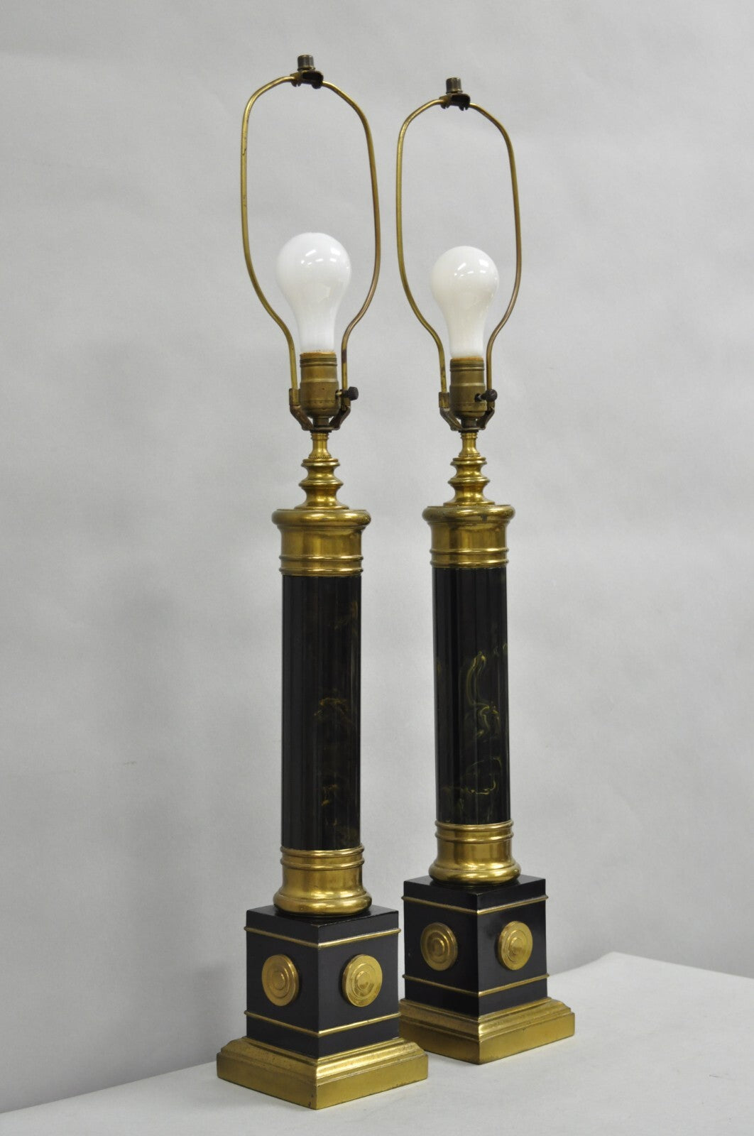 Vintage French Empire Brass Metal "Smoky" Celluloid Column Table Lamps - a Pair