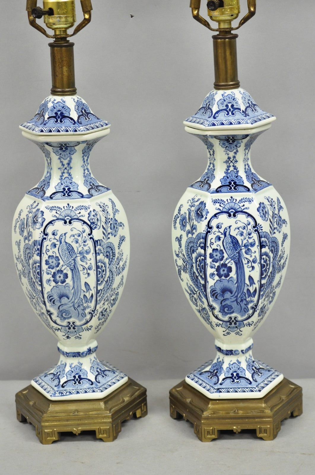 Vintage Chinoiserie Blue & White Porcelain Urn Bird Painted Table Lamps - a Pair