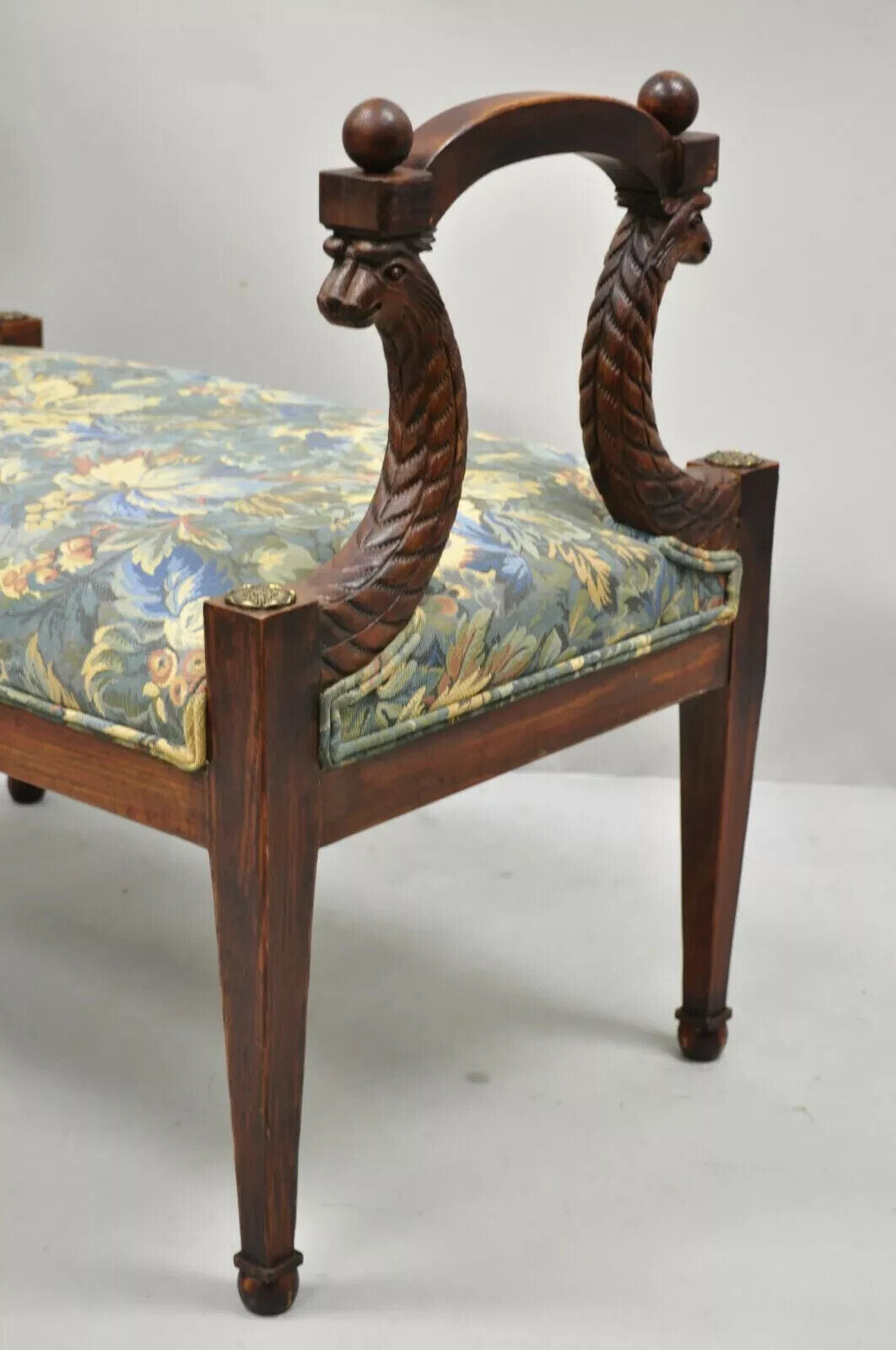 Vintage Italian Regency Figural Carved Floral Upholstered Wooden Window Bench