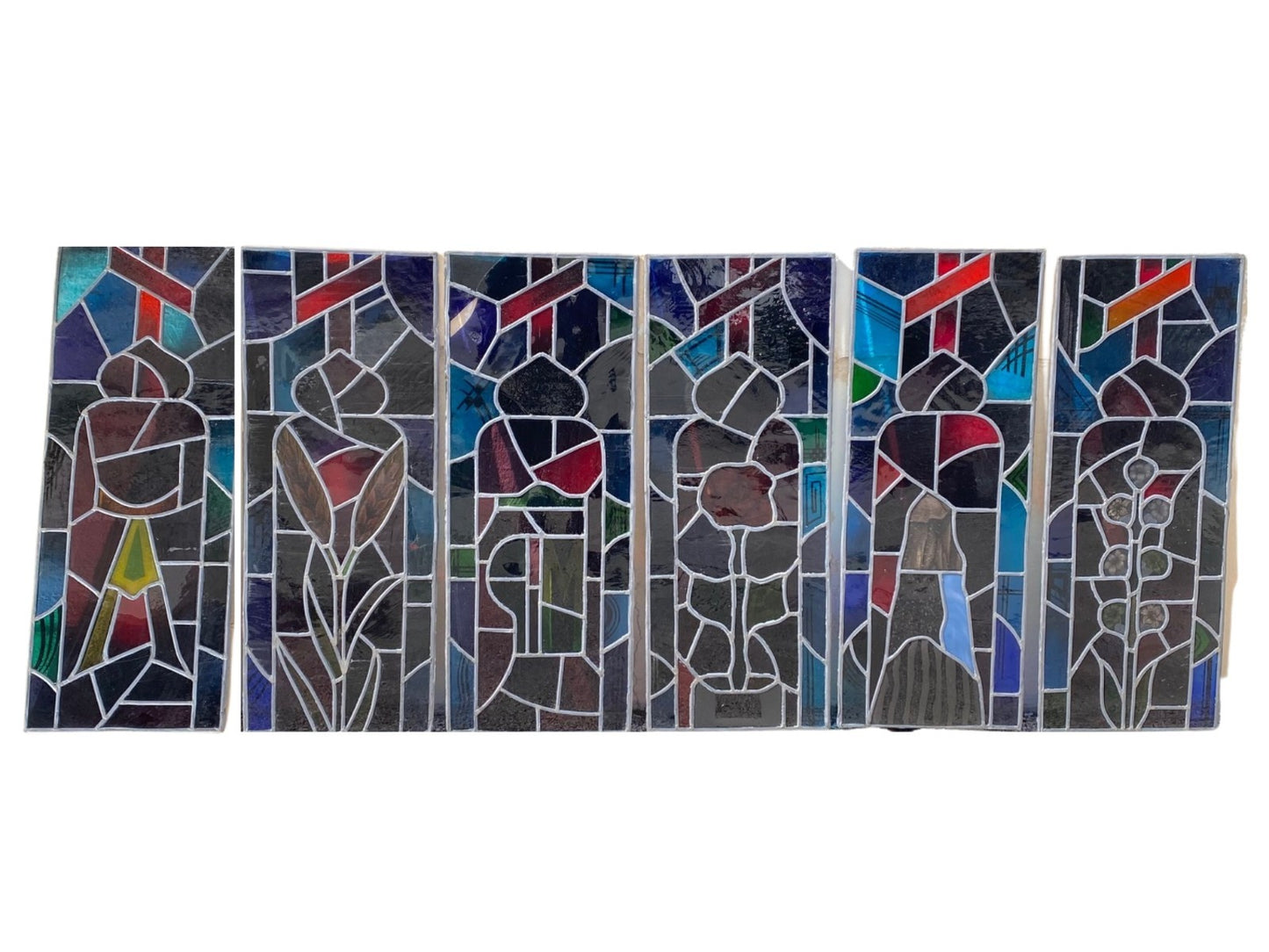 Vintage Art Deco Blue & Red Leaded Stained Glass Church Window w/ Cross - 6 Pcs