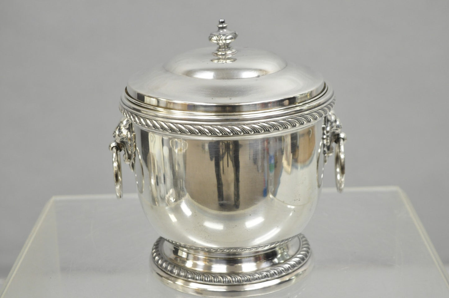 Vintage English Regency Silver Plated Lion Head Lidded Ice Bucket by Poole