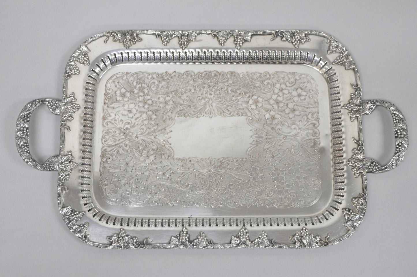 Vintage Victorian Silver Plated Grapevine Bar Serving Platter Tray by Excelsior