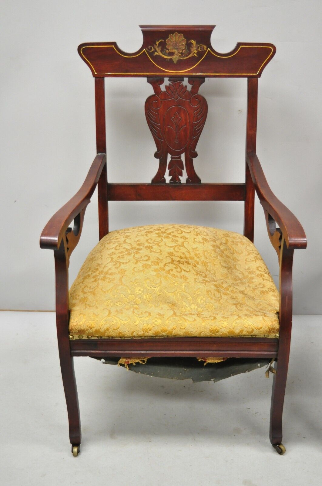 Pair of Antique Eastlake Victorian Mahogany Inlaid Parlor Arm Chairs