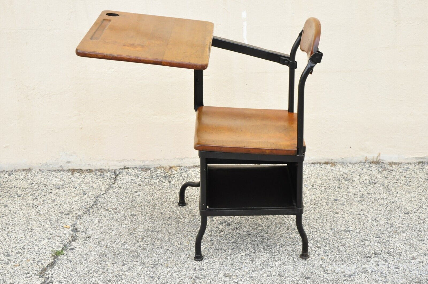 Antique American Industrial Iron and Maple Childs School Writing Desk
