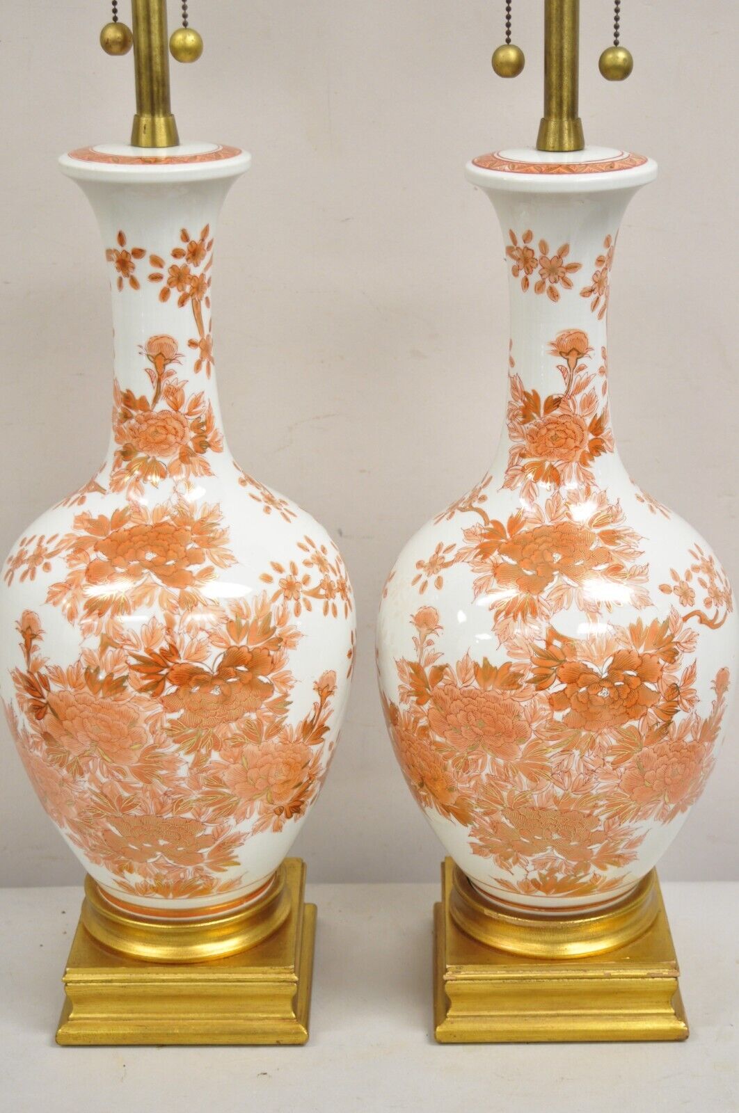 Vintage Marbro Chinoiserie Porcelain Vase Orange Floral Asian Table Lamp Pair