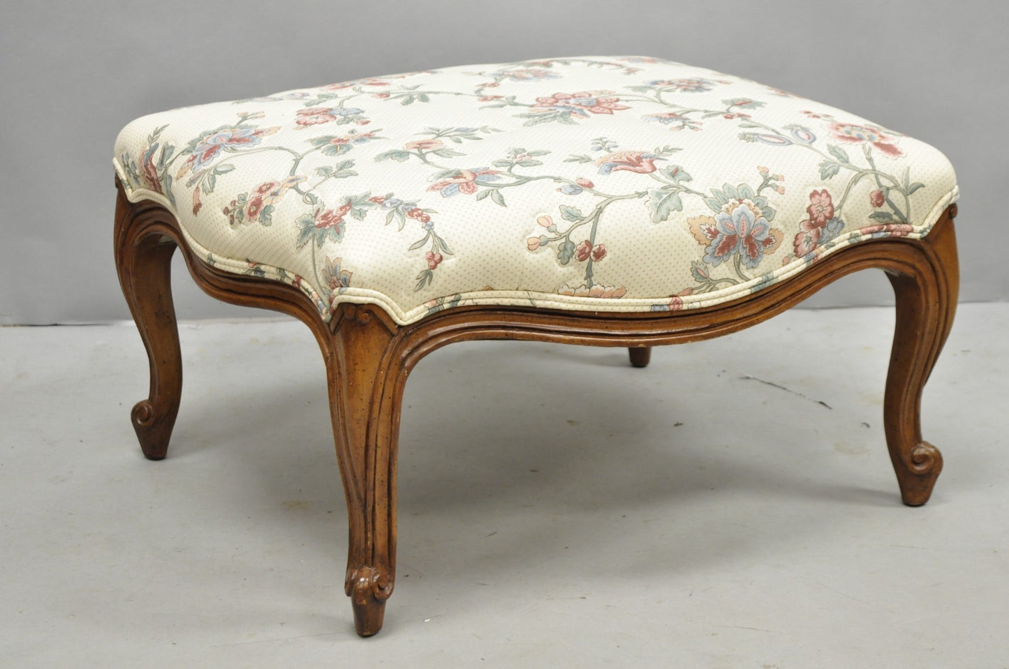 Vintage French Country Louis XV Carved Walnut Pink Floral Footstool Ottoman