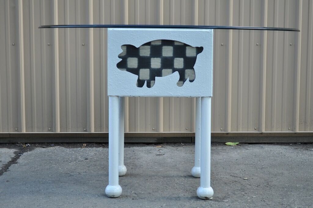 Farmhouse Cow & Pig Painted White & Black Metal & Glass Island Center Table