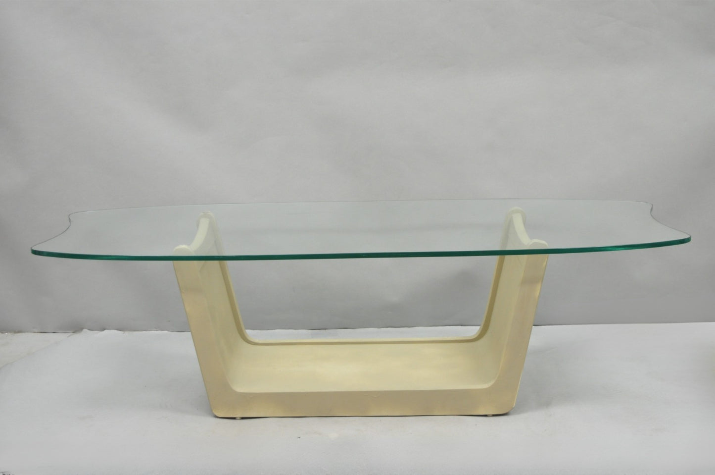Vintage Mid Century Modern Painted Walnut Waterfall Base Glass Top Coffee Table