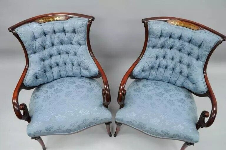 Antique Hollywood Regency Grosfeld House Mahogany & Rosewood Arm Chairs - a Pair