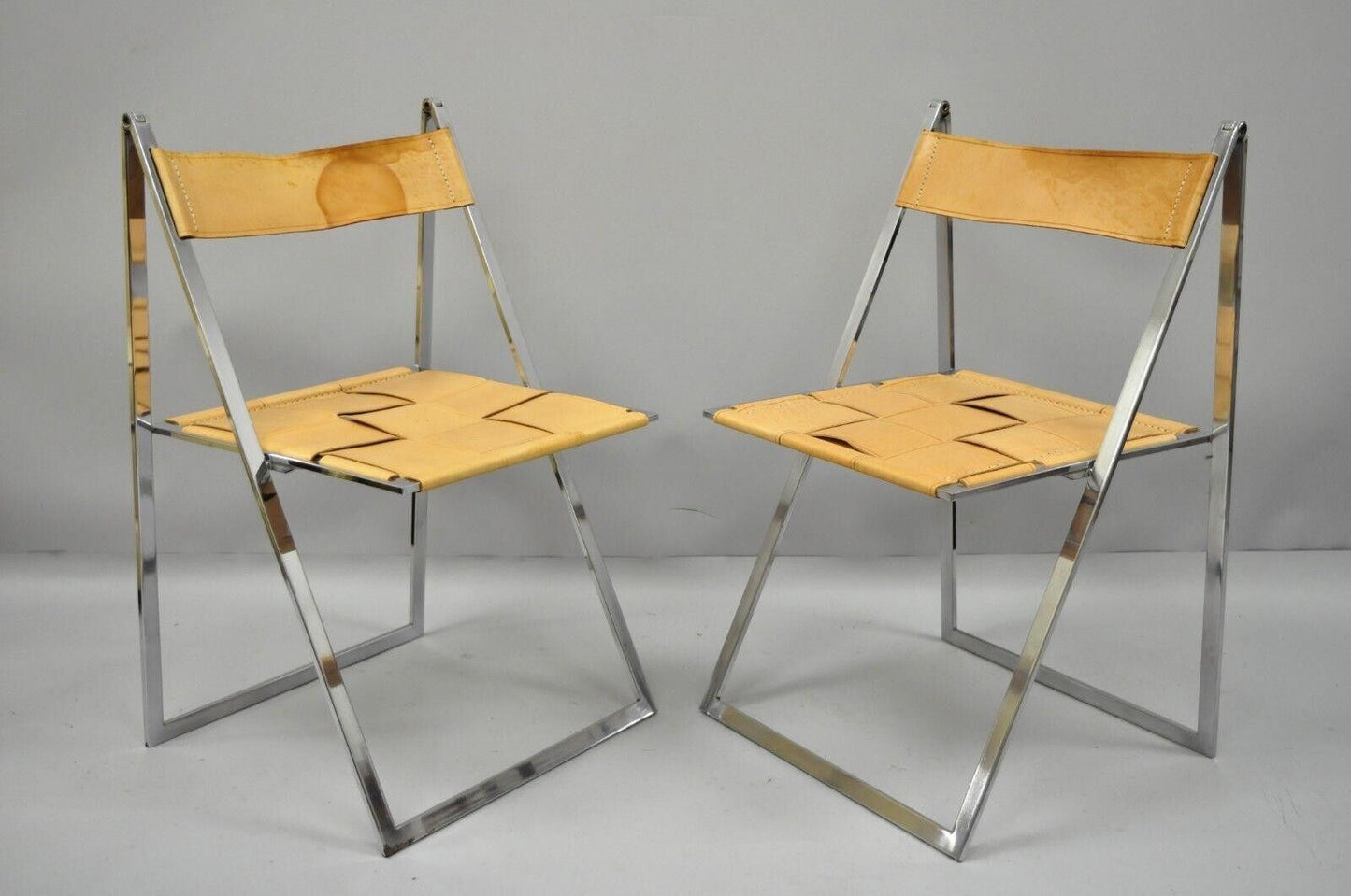 Fontoni & Geraci Italian Modern Chrome & Leather Elios Folding Chairs (B) - Pair