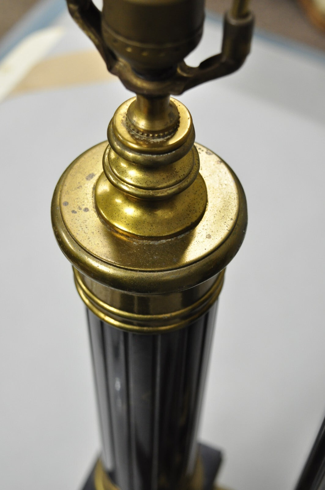 Vintage French Empire Brass Metal "Smoky" Celluloid Column Table Lamps - a Pair